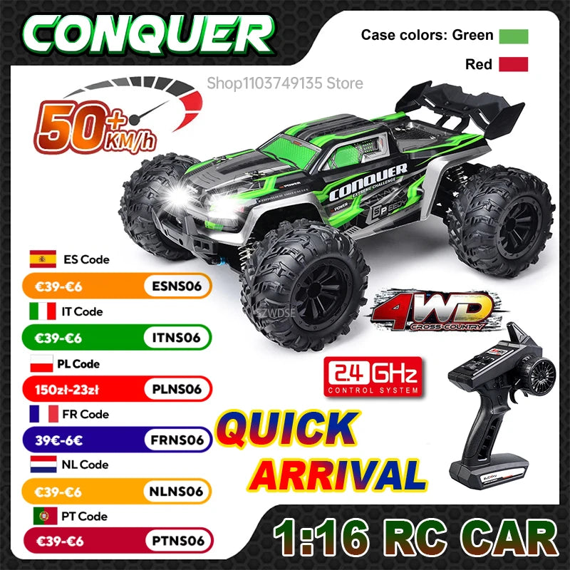 Voiture Télécommandée Monster Truck 1:16 4x4 - 50km/h avec LED